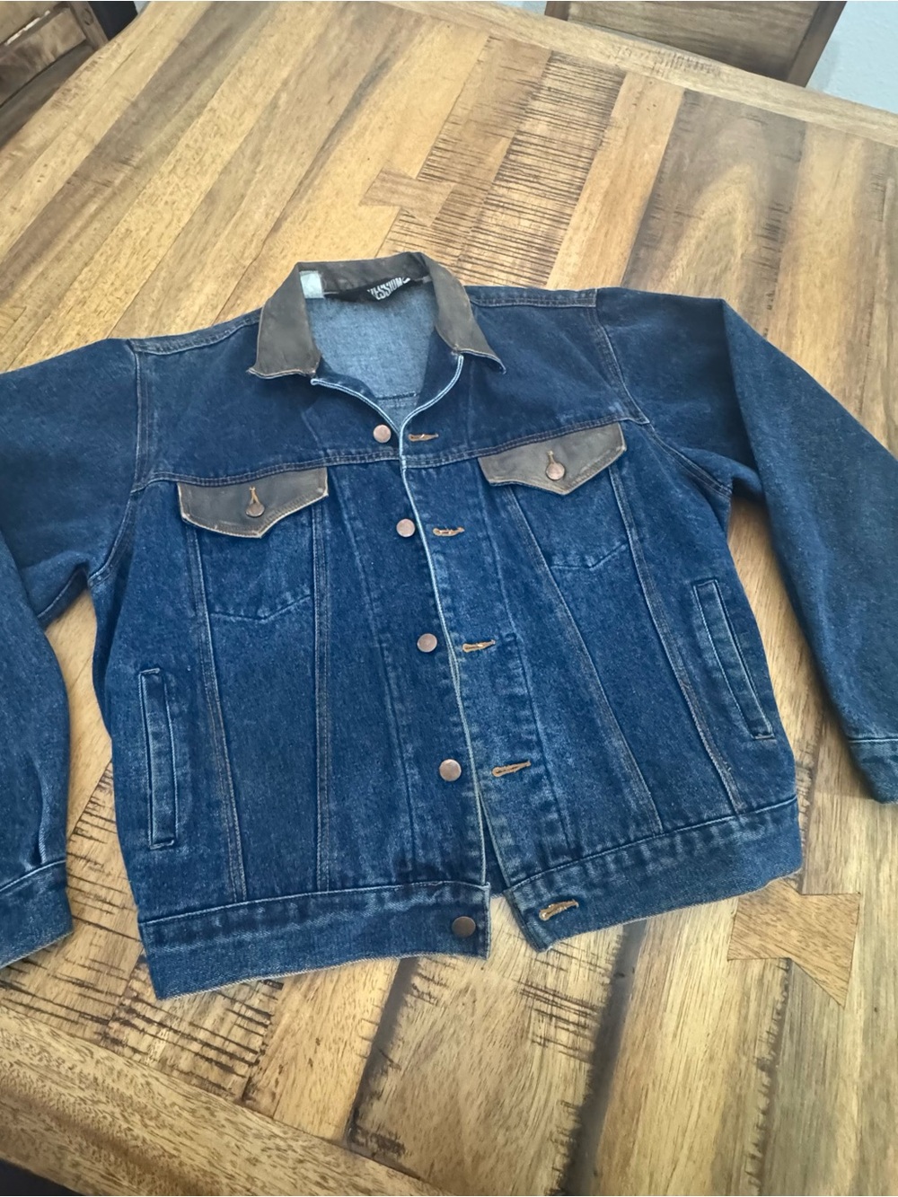 Expressions Dark Blue Denim Jacket with Brown leather Collar